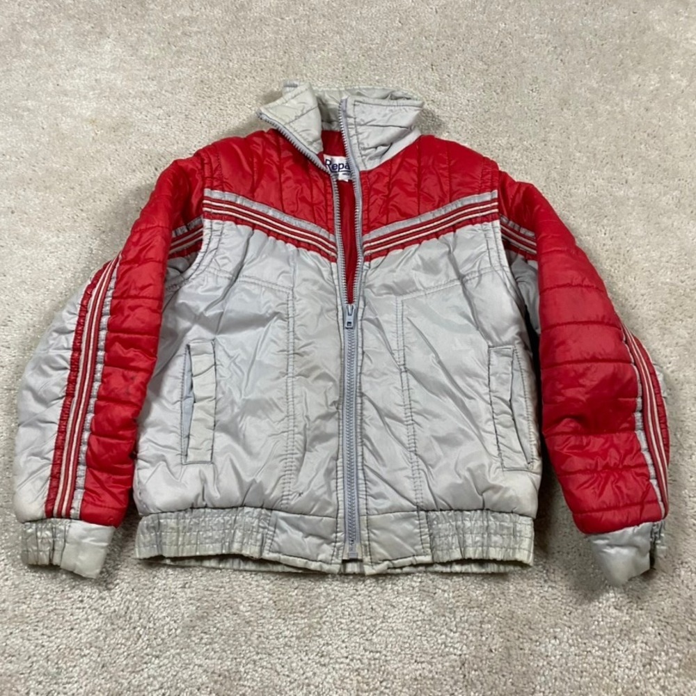 Vintage 80s Puffer Jacket Kids 10 Red Silver Quilted Retro Coat Vest